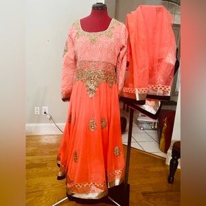 Elegant Coral and Gold Embellished indian /Pakistani Anarkali 3 pcs Dress